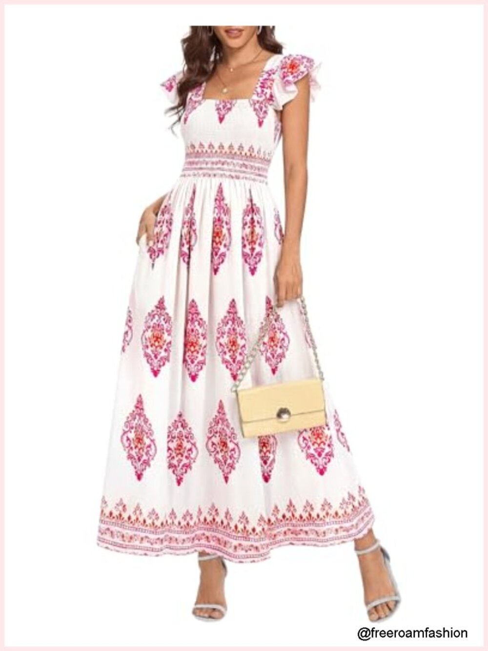 Boho Floral Maxi Dress Square Neck Ruffle Sleeveless Sundress